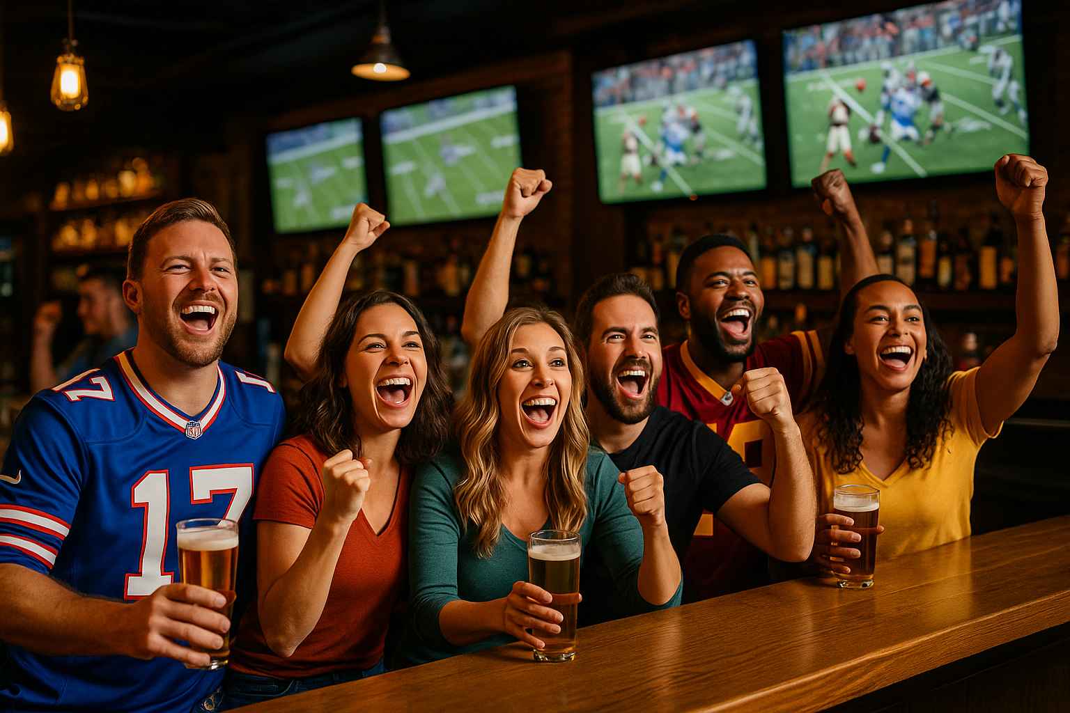 Fans celebrating in a sports bar